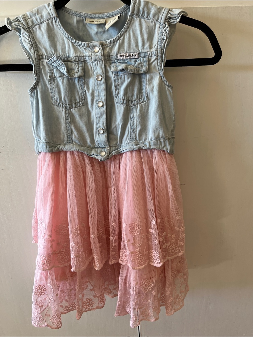 Calvin Klein Light Blue Denim-Style Top with Pink Tulle Skirt